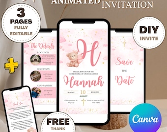 May include: A digital baptism invitation template set featuring a pink theme with teddy bear illustrations, gold accents, and clouds. The design includes three editable pages for event details, a save the date, and a thank you note for mobile use.