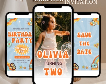 DOS Invitaciones de cumpleaños geniales editables, invitación de cumpleaños para niña, invitación de cumpleaños retro, segundo cumpleaños para niña, descarga instantánea EVite