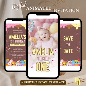 Editable Ice Cream Birthday Invitation 1st Birthday Party Here&#39;s the Scoop Cone Pink Mint Gold Purple Editable Download