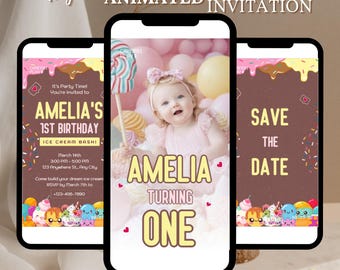 Editable Ice Cream Birthday Invitation 1st Birthday Party Here's the Scoop Cone Pink Mint Gold Purple Editable Download