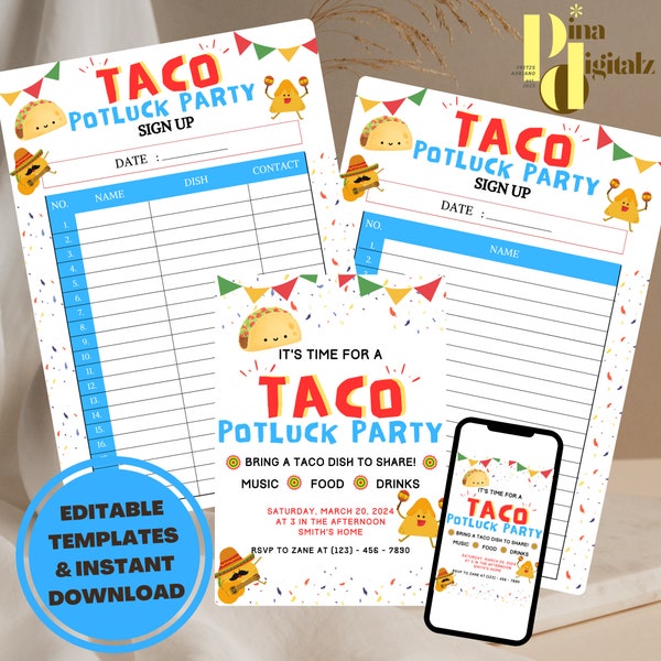 EDITIERBARE Taco Potluck Einladung Taco Bar Potluck einladen Taco Potluck Sign Up Sheet Vorlage Printable Potluck Digital Invite