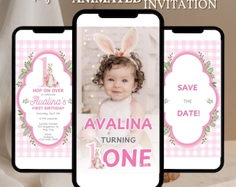 EDITABLE Grandmillennial Somebunny Is Turning One digital animated invitation, Bunny First Birthday Invite, pink Floral Rabbit 1st bday Girl