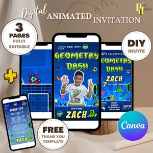 Kids Birthday Video Invitation Geometry Dash Invitation Template | Personalise & Edit | Canva Instant Download I Geometry Dash Birthday 0001