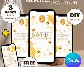 Sweet Bee Baby Shower Invitation Template Editable, Baby Girl, Sweet as can Bee Baby Shower Invite, Baby Shower Invitation Girl Bee BS0009