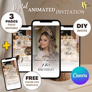 Princess Quinceanera Invitations Canva Template, Princess Quince Invite Digital Card