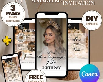 Princess Quinceanera Invitations Canva Template, Princess Quince Invite Digital Card