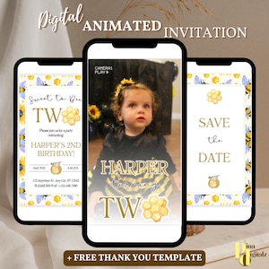 Sweet to Bee Two verjaardagsuitnodiging Bee thema tweede verjaardagsfeestje uitnodigen Bumble Bee bewerkbare sjabloon Bee Day Instant Download