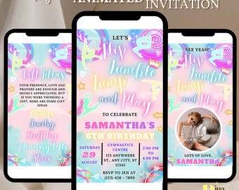 Editable Rainbow Gymnastics Birthday Invitation, Jump Tumble & Play Party Invitation Glow Gymnastics Birthday Invite Instant Download