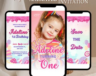 Editable Candyland Birthday Video Invitation Template, Candy Theme 1st Birthday Party Animated Invite, Girl First Birthday Digital Invitatio