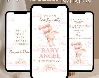 Faire-part de shower de bébé We Can Bearly Wait, Faire-part de shower de bébé modifiable avec un ours en peluche, Shower de bébé ours en ballon, Shower de bébé fille, ours BS0019