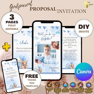 Puede incluir: Una plantilla digital de invitación para proponer a un padrino con gráficos azules y blancos de nubes, banderines y un osito de peluche. El texto dice: Godparent Proposal Invitation, Will you be my Godfather?, Uncle, I have an important question for you, y I am still little and I need an extra pair of hands to guide me.