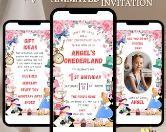 May include: A digital invitation for a 1st birthday party with a whimsical Alice in Wonderland theme. The invitation features a pink and blue color scheme with illustrations of teacups, clocks, and playing cards. The text reads "Angel's Onederland" and includes details about the party, including the date, time, and location. The invitation also includes a photo of the birthday girl.