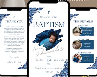 Modern Baptism Invitation Template Boy Baptism Invitation Phone Blue Watercolor Boys Gold Baptism Evite Digital Invite Christening BAP0024