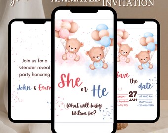 EDITABLE Teddy Bears Gender Reveal Invitation, Baby Boy Or Girl Party Invite, He Or She, Boho Watercolor Bear with Balloons, BGR0009