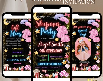 Sleepover Birthday Invitation, Printable Sleepover Invite, Slumber Party, Pajama Party, Retro Neon Lights Editable Template, ANIMATED