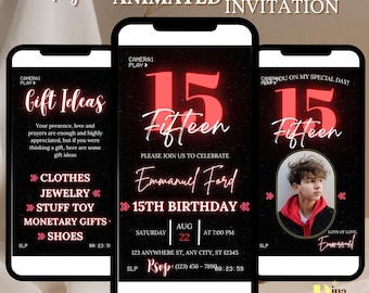 Faire-part d'anniversaire néon, faire-part d'anniversaire rouge, faire-part 15e anniversaire, faire-part d'anniversaire ado, faire-part d'anniversaire électronique, animé