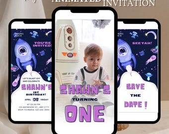 Modello di invito di compleanno nello spazio, invito di astronauta con astronave e pianeti, invito di lancio nella galassia, modificabile in Canva