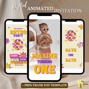 L'un d'eux est modifiable, une ambiance arc-en-ciel groovy, une invitation pour le 1er anniversaire, une marguerite rose, une disco d'anniversaire, une invitation d'anniversaire hippie, téléchargement immédiat