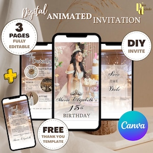 Quinceañera Video Invite - Canva Quinceanera, Quince Invitation, Personalized Video Evite, Animated Invitation, Sweet 15th Birthday