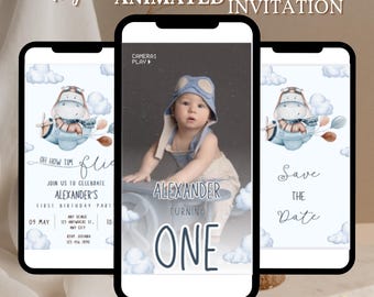Plantilla de invitación para el primer cumpleaños de Time Flies, invitación para el primer cumpleaños de un avión, invitación para una fiesta de avión para niños, invitación de cumpleaños para niños