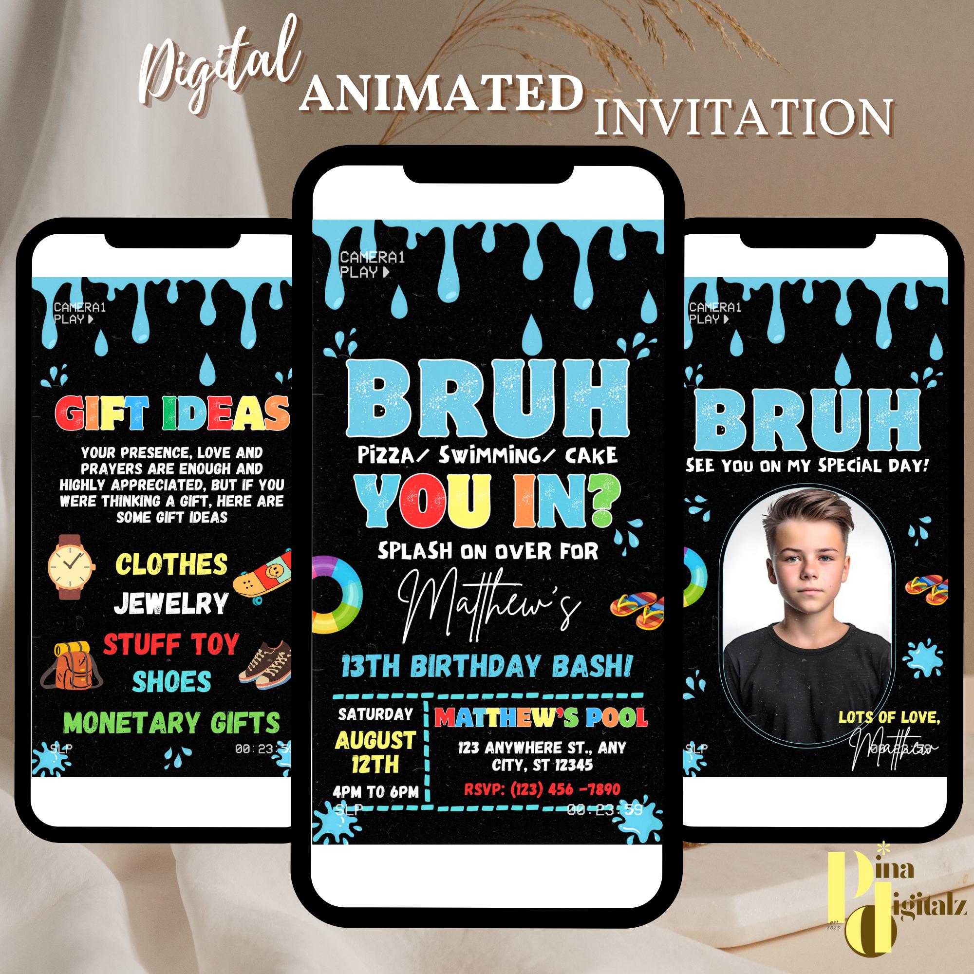 Bruh Birthday Invitation Boy Pool Birthday Party Invitation Bruh It's My Birthday Invite Teenager Birthday Digital Animated Video Invitation