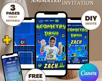 Kids Birthday Video Invitation Geometry Dash Invitation Template | Personalise & Edit | Canva Instant Download I Geometry Dash Birthday 0001