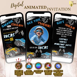 Monster Truck Birthday Invitation - Monster Truck Birthday Animated Canva Video Invitation 1080x1920px