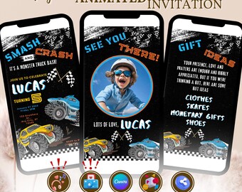 Monster Truck Birthday Invitation - Monster Truck Birthday Animated Canva Video Invitation 1080x1920px