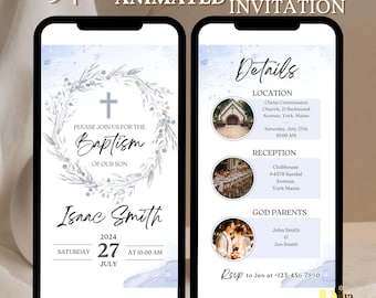 Modern Baptism Invitation Template Boy Baptism Invitation Phone Blue Watercolor Boys Gold Baptism Evite Digital Invite Christening BAP0038