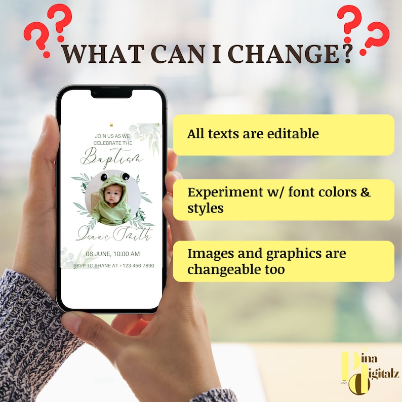May include: A digital invitation for a baptism with a green and white floral design. The invitation includes the text "Join us as we celebrate the Baptism" and "Isaac Faith". The invitation also includes the date and time of the event, as well as the RSVP information.