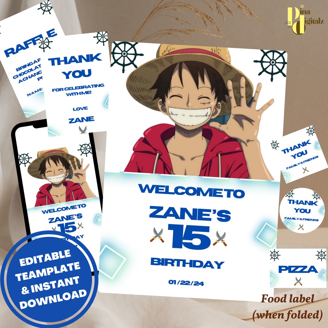 One Piece Anime Invitation Template Editable Birthday Invitation Luffy ...
