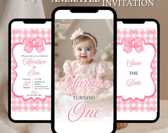 Modèle d'invitation animé pour 1er anniversaire coquette rose pour mobile Modèle d'invitation sur toile modifiable pour 1er anniversaire de fille rose
