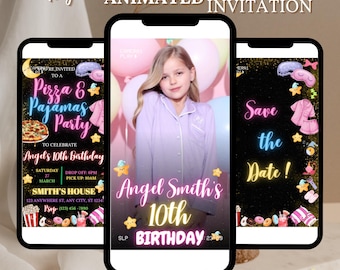 Invitación de cumpleaños editable con pizza y pijamas, invitación de cumpleaños para pijamadas, fiesta de pijamas, fiesta de cine, chica rosa