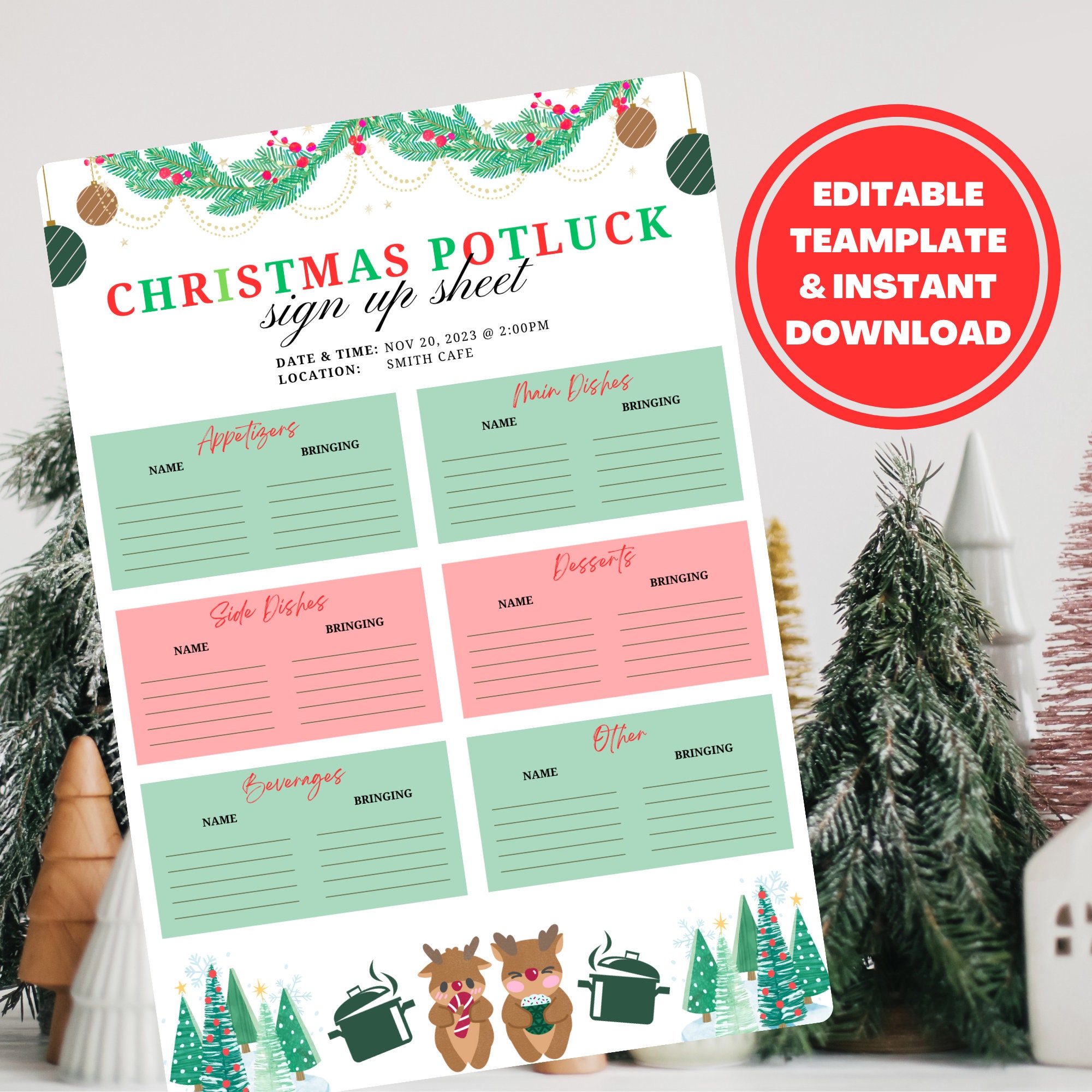 Christmas Potluck Sign up Sheet EDITABLE Work Potluck up Printable 