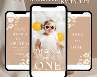May include: Digital animated invitation for a first birthday party with a photo of a girl wearing sunglasses and a white dress. The invitation features a brown background with white daisies and the text "Diana's 1st Birthday" and "Save the Date!"
