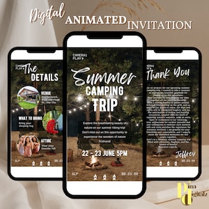 Könnte beinhalten: Eine digitale Einladung zu einem Sommer-Camping-Trip. Die Einladung zeigt ein Foto eines Lagerfeuers in einem Wald mit dem Text "Summer Camping Trip" und den Daten "22.-23. Juni 17 Uhr".