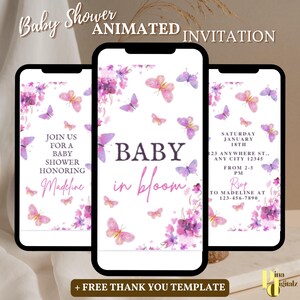 Baby in Bloom Invitation, Butterfly Baby Shower Invitation Girl, Pink Purple Butterflies Wildflower Invite Editable Baby in Bloom BS0026
