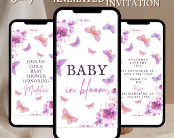 Baby in Bloom Invitation, Butterfly Baby Shower Invitation Girl, Pink Purple Butterflies Wildflower Invite Editable Baby in Bloom BS0026