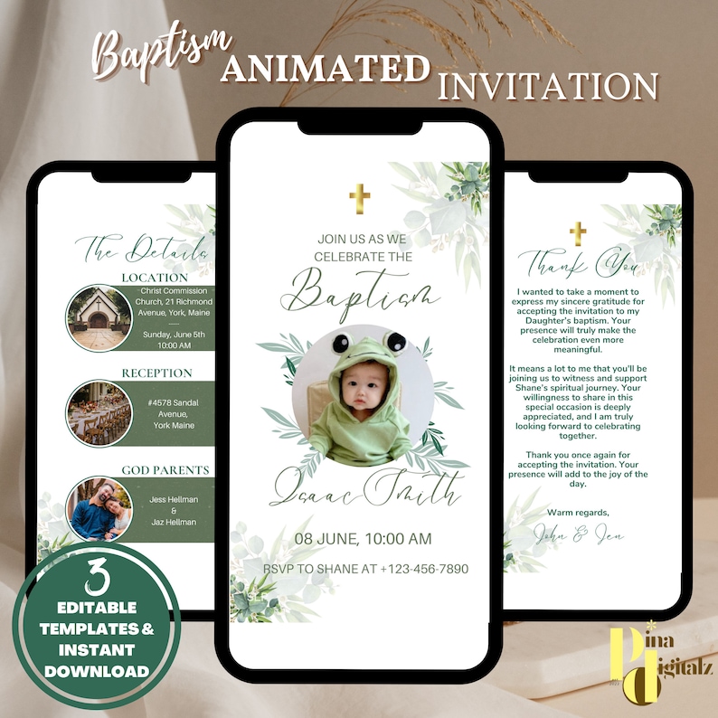 May include: A green and white animated invitation for a baptism. The invitation features a watercolor design with a cross, leaves, and a photo of a baby in a green frog costume. The text on the invitation reads "Join us as we celebrate the Baptism of Isaac Smith, 08 June, 10:00 AM. RSVP to Shane at +123-456-7890."