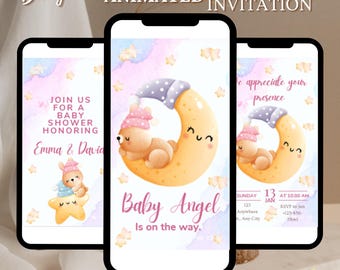 Baby Shower Invitation Stars Modern/Boho Teddy Bear Girls Baby Shower Invitation Template, Editable Download BS0014