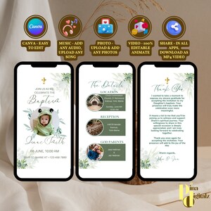 May include: A green and white digital invitation for a baby's baptism. The invitation features a photo of a baby wearing a green frog costume, the text "Join us as we celebrate the Baptism", the baby's name "Isaac Taith", the date and time of the event, and the RSVP information. The invitation also includes a section with the details of the event, including the location, reception, and godparents.