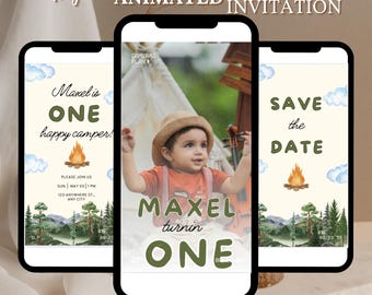 Editable One Happy Camper Invitation, Camping Birthday Invite, Boy Happy Camper 1st Birthday, Camping 1st Birthday, Canva Editable Template
