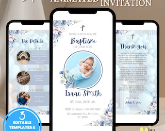 Junge TAUFE Einladung Erste Kommunion Einladungsvorlage Baby Blau Taufe Evite Digitale Einladung Bearbeitbare Einladung Canva BAP0010