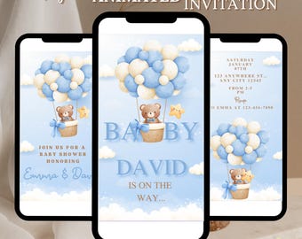 Bären-Babyparty-Einladung, Wir können Bärenwart-Einladung, Teddybär-Einladung für Jungen, bearbeitbar in Canva, blauer Junge Boho Bär-Babyparty BS0003