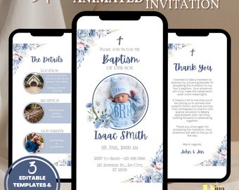 Modern Baptism Invitation Template Boy Baptism Invitation Phone Blue Watercolor Boys Gold Baptism Evite Digital Invite Christening BAP0010
