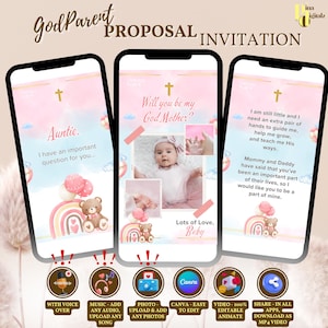 Modelo de proposta Você será minha madrinha Proposta de padrinho com animação digital Editável Proposta de batismo moderna Download instantâneo BAP0019