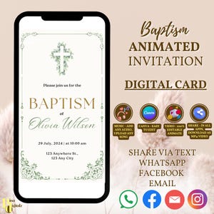 Electronic Baptism Invitation Template Greenery Baptism Invite Christening Evite Digital Baptism Invitation Baptism Phone Invite BAP0040