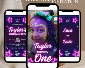 Neon Lights Birthday Invite, Lets Party invitation, Glow Party, Neon Birthday Invitation, Editable Canva Template, Any Age, Custom Text