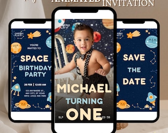 Invitación de cumpleaños editable para el espacio / Invitación de astronauta con cohetes y planetas / Descarga digital / Editar Canva / Descarga instantánea / Invitación espacial para niños