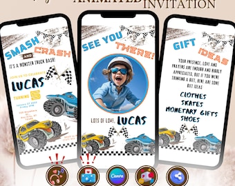 Editable Boy Birthday Invitation, Monster Truck Birthday Invite, Canva Edit, Boys Trucks Birthday, Editable Template, Instant Download
